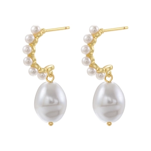Elegant gold drop earrings with oval pearls and arc-shaped white pearl accents