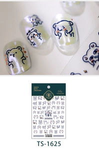 Detail of cute bear nail stickers with orange hearts on transparent nails, model TS-1625