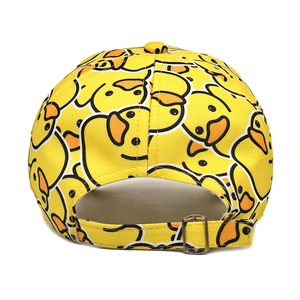 Rear view of yellow duck print baseball cap showing metal buckle and cotton texture