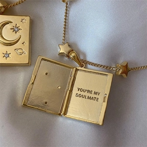 Gold book-shaped star moon pendant necklace with YOU'RE MY SOULMATE engraving