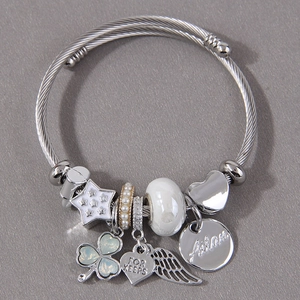 Silver stainless steel charm bracelet with pearls, heart pendants, and angel wings charms