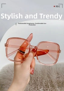 Detail of pink gradient lenses and transparent square frame on fashion sunglasses