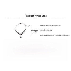 Detail view of black floral necklace with rhinestone drop pendant, 30cm+12cm copper chain