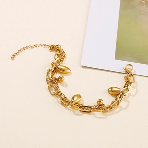 Double-layered gold titanium steel chain bracelet with oval and bead charms for women