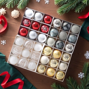 36pcs colorful Christmas ball ornaments set with glitter and patterns on wood background