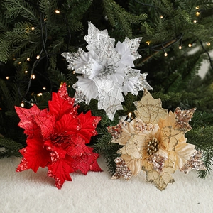 Christmas Poinsettia Flowers Artificial Glitter Cloth Fabric Sparkling For Christmas Tree Wreath Holiday Party Decor