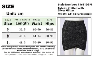 Size chart for knit mini skirt with silver foil detailing and bodycon measurements