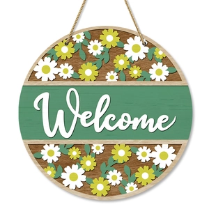 Farmhouse round wooden welcome door sign with spring daisy flower patterns and hanging rope