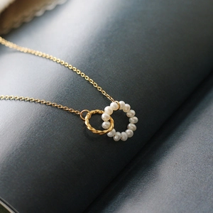 Interlocking Double Ring Necklace Titanium Steel Artificial Pearl Geometric Minimalist Elegant Jewelry For Women