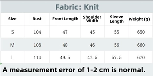 Detailed size chart for women's knit cardigan showing bust, length, and sleeve measurements