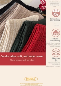Close-up of thick knitted Christmas crew socks with rib texture in festive colors