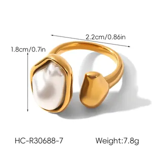 Detail view of baroque pearl ring with golden lava texture and size dimensions shown
