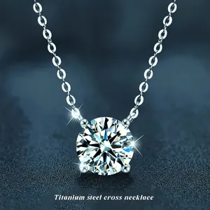 Solitaire Round Zircon Pendant Necklace Titanium Steel Four Prong Setting Fashion Clavicle Chain Jewelry For Women