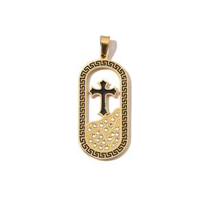 Detail of gold Greek key border pendant with black cross and inset sparkling zirconias