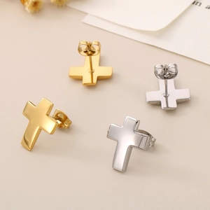 Minimalist 18K gold plated and silver stainless steel cross stud earrings for women