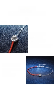 Close-up of S925 silver bezel set moissanite stone on red woven bracelet cord