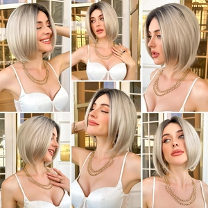 Short blonde ombre bob wig with dark roots shown in a multi-angle indoor view