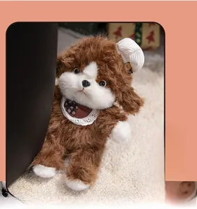 Detail of plush dog toy featuring floral lace bib, white woven hat, and fluffy fur