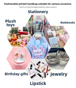 Collage of multi-use floral gift bag for Mother's Day showing stationery and makeup storage
