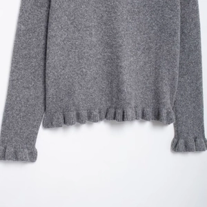 Dark grey knitted cardigan for women featuring ruffle hem and soft wool texture details
