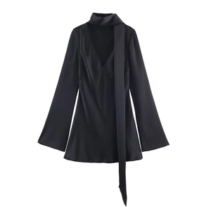 Elegant black satin long sleeve dress with V-neck and decorative long neck tie