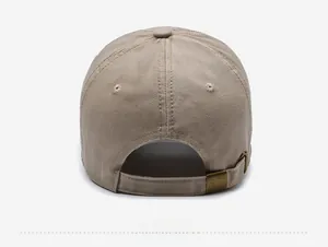 Rear view of khaki cotton baseball cap showing adjustable strap and brass buckle detail