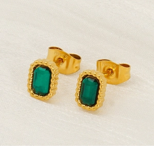 Detail of gold rectangular earrings with emerald green gemstones and beaded edges