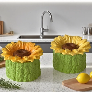 Detailed view of sunflower resin jars with realistic yellow petals and green textured base
