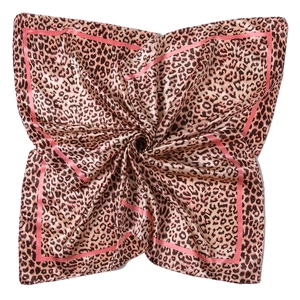 Detailed view of large leopard print satin scarf with pink borders in a folded display