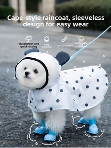 Waterproof polka dot bear pet cloak with hood, harness hole and blue rain boots