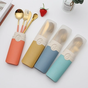 Portable 304 Stainless Steel Flatware With Wheat Straw Case Travel School Student Mirror Polished Spoon Fork Knife Chopsticks Straw