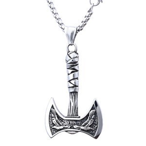 Viking double axe pendant necklace in stainless steel with detailed eagle engraving