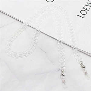 Detail of transparent acrylic eyewear chain with silver lobster clasp and silicone loop