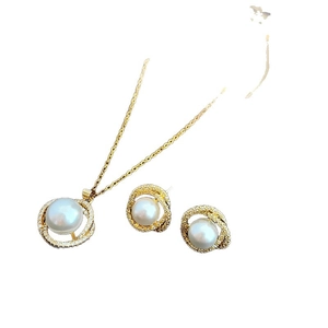 Elegant gold plated horse pendant necklace and earring jewelry set with pearls