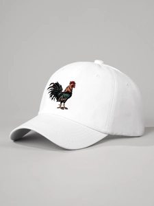 Detailed side view of a white cotton baseball cap with colorful rooster embroidery