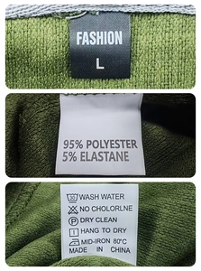 Détail de l'étiquette du sweat à capuche montrant 95% polyester et la taille L