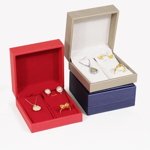 Luxury brushed leather jewelry set gift boxes in red, champagne gold and dark blue