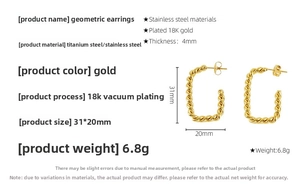 Detailed size specifications for 18K gold plated stainless steel twisted hoop earrings