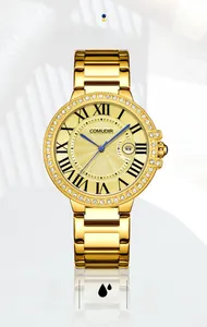 Detail of luxury gold watch dial with Roman numerals and crystal-encrusted bezel
