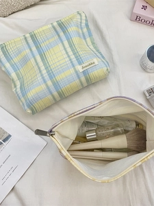 Blue and yellow plaid large capacity makeup bag with zipper and Sorakka brand label