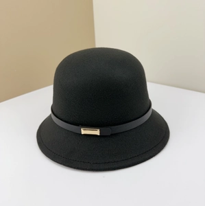 Elegant black wool cloche hat with a leather belt strap and gold buckle detail