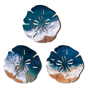 3er-Set Wanddeko aus Holz in Sanddollar-Form mit realistischen Meereswellen-Prints