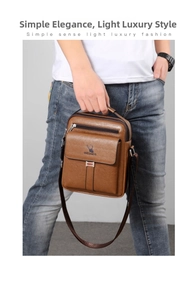 Detailed view of retro brown leather messenger bag with adjustable strap and logo flap