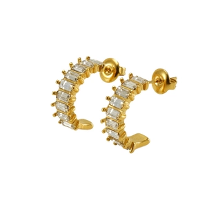 18k gold plated C-shaped stainless steel earrings inlaid with rectangular cubic zirconia