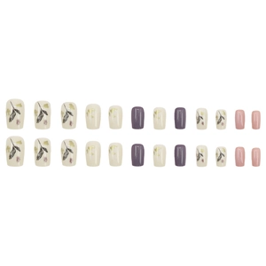 Short square press-on nails with purple ink wash, gold leaf, and green leaf art