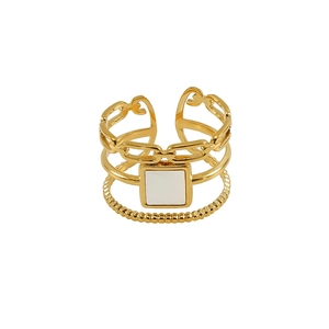 Bague ouverte en acier inoxydable plaqué or 18k à trois couches avec texture de chaîne