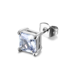 Titanium steel stud earring with a large square clear zircon in a four-prong silver setting