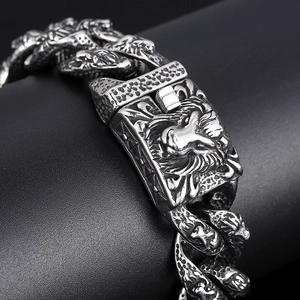Vintage silver tiger head chain bracelet with embossed lion clasp for men