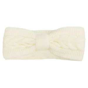 Close-up of cream white cable knit headband featuring a central bow knot design
