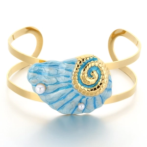 Golden stainless steel seashell cuff bracelet with blue enamel and white pearls